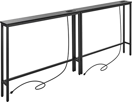 ELYKEN 2 Pack 5.9" Narrow Console Sofa Table with Power Outlets, 39.4” L x 5.9" W x 31.1" H Long Black Behind Couch Table with Metal Frame and Charge Station with 6.5’ Extension Cord