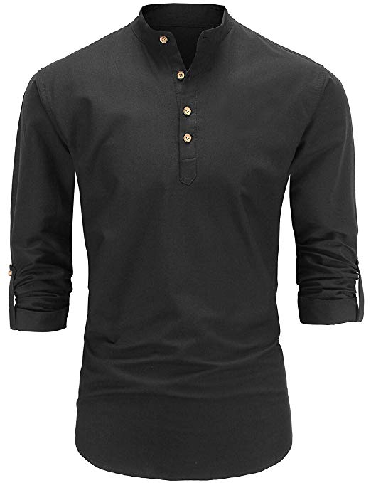 Men's Slim Fit Casual Oxford Dress Shirt Banded Collar Long Sleeve Button Down Shirts with Pocket