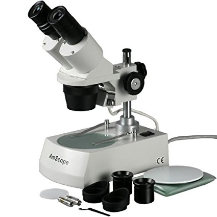 AmScope SE305R-PZ Forward Binocular Stereo Microscope, WF10x and WF20x Eyepieces, 10X-60X Magnification, 1X and 3X Objectives, Upper and Lower Halogen Light Source, Pillar Stand, 120V
