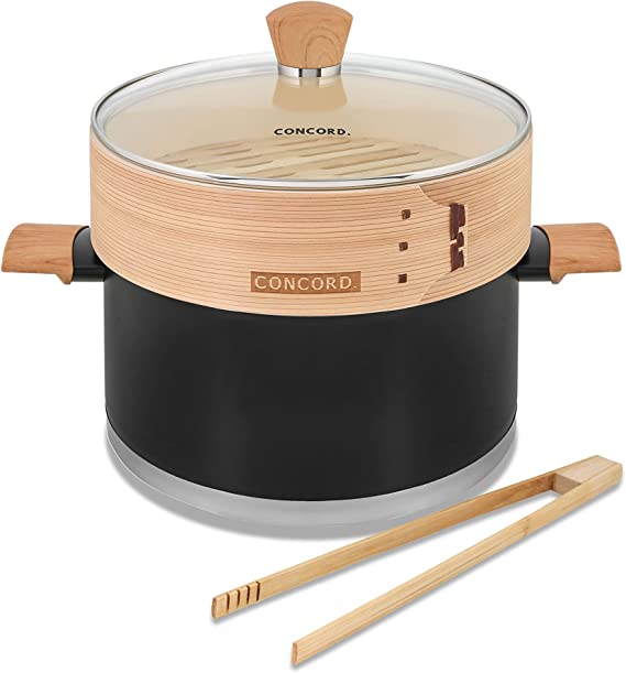 CONCORD 10" Stainless Steel Steamer Pot with Natural Bamboo Steamer 24 CM Steaming Cookware (Nior/Bamboo)