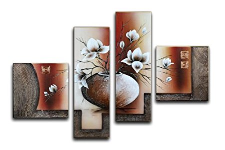 Wieco Art Huge Size Stretched and Framed Artwork 4 Panels 100% Hand-painted Modern Canvas Wall Art Elegant Flowers Paintings for Wall Decor Floral Oil Paintings on Canvas Art XL