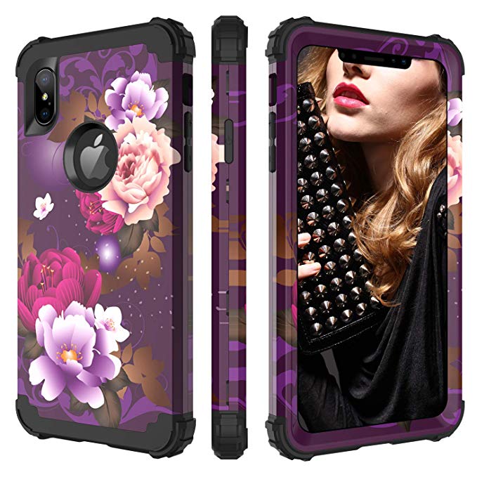 BENTOBEN iPhone XS Max Case, Full Body Heavy Duty Shockproof Drop Protection 3 in 1 Hybrid Hard PC Soft Silicone Anti-Slip Protective Phone Cover for Apple iPhone XS Max 6.5’’ 2018, Purple Flower