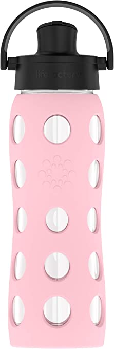 Lifefactory 22-Ounce BPA-Free Glass Water Bottle with Active Flip Cap and Protective Silicone Sleeve, Desert Rose