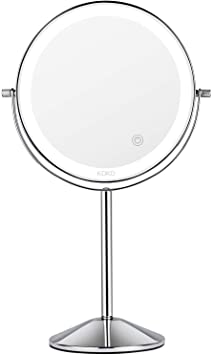 KDKD Lighted Makeup Mirror 7X Magnifying Swivel Vanity Mirror with 72 Bright Medical LED Lights 3 Color Modes, 8 Inch Round Tabletop Standing Polished Chrome Finished Cosmetic Mirror Rechargeable.