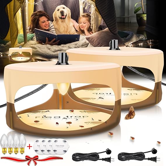 Flea Trap, Sticky Bed Bug Flea Traps Indoor Pest Control Trapper Insect Killer with 4 Glue Discs and Light Bulbs, Flea Traps for Inside Your Home with Light