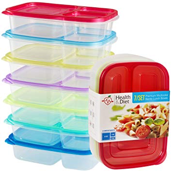 Health & Diet 3 Compartment, Set of 7, Premium Reusable Plastic Bento Lunch Boxes / Food Storage Containers