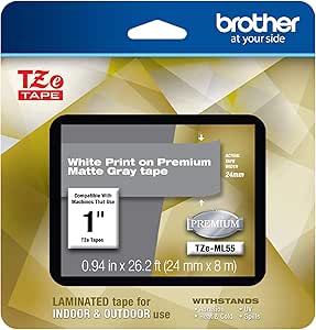 Brother P-touch TZe-ML55 White Print on Premium Matte Gray Laminated Tape 24mm (0.94”) wide x 8m (26.2’) long