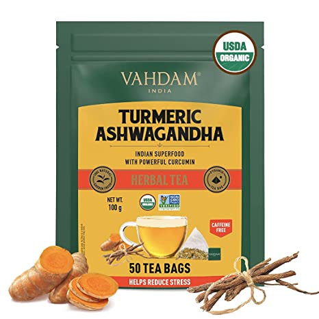 VAHDAM - Organic Turmeric Tea with Ashwagandha - 50 units | Herbal Tea for Weight Loss | Immunity Boosters for Adults | 100% Organic Tea, 50 Pyramid Tea Bags