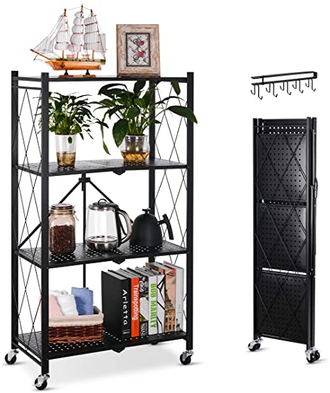4-Tierf Foldable Storage Shelves, Wide Folding Metal Shelf with Caster Wheels for Garage Kitchen Home Closet Office, No Assemble Needed - Black