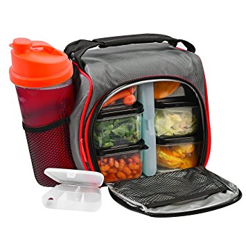 Thermal Insulated Lunch Bag Bento Box - Kit with 6 Leakproof Food Containers   28oz Drink Bottle with Shaker   Ice Pack   Case for Pills – Compact and Lightweight Cooler for School, Work, Picnic & Gym