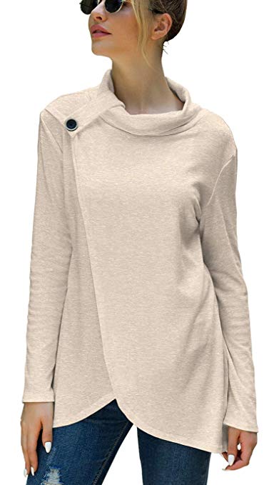 Iandroiy Women's Wrap Shirts Turtleneck Loose Button Lightweight Pullover Tunic Tops