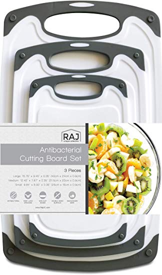 Raj Plastic Cutting Board Reversible Cutting board, Dishwasher Safe, Chopping Boards, Juice Groove, Large Handle, Non-Slip, BPA Free, FDA Approved (Set of Three, Gray)
