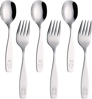 Exzact Children's Cutlery 6pcs Stainless Steel/ Kids Fork and Spoon Set/ Flatware - 3 x Forks, 3 x Dinner Spoons - Dog & Bunny Engraved