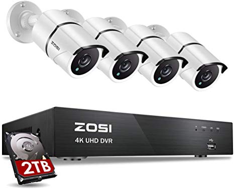 ZOSI 4K Ultra HD Security Cameras System, 8 Channel H.265  4K (3840x2160) Video DVR with 2TB Hard Drive and 4 x 4K (8MP) Ip67 Bullet Weatherproof Surveillance Cameras