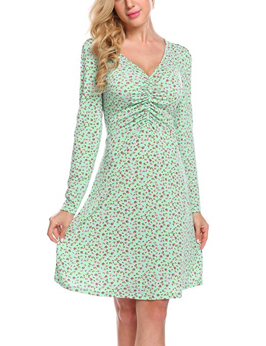 Meaneor Women's Vintage Floral Long Sleeve Cocktail Casual Flared Swing Midi Dress