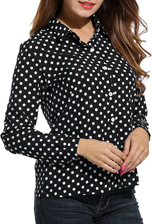 SE MIU Women's Chiffon Long Sleeve Polka Dot Office Button Down Blouse Shirt Tops Black