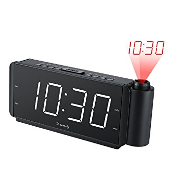 DreamSky Projection Alarm Clock Radio with USB Charging Port and FM Radio, 2 " Large Led Display with Dimmer , Adjustable Alarm Volume, Snooze, Sleep Timer , DST, Battery Backup