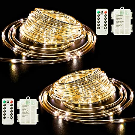 Fatpoom LED Rope Lights Battery Operated String Lights 40Ft 120 LED 8 Modes Outdoor Waterproof Fairy Lights Dimmable/Timer with Remote for Camping Party Halloween Christmas Decoration Warm White 2Pack