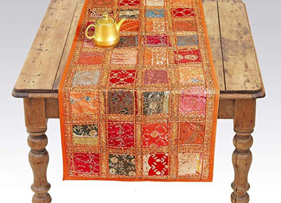 Labhanshi Orange Embroidered Table Runner - Indian Cotton Boho Bohemian Hippie Patchwork Decoration Decor Tapestry Wedding Reception Party Decor (Orange, 18 x 58 Inch)