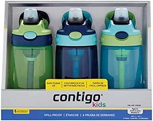 Contigo Kids Water Bottle, 14 oz, Green / Blue, 3-Pack, Spill Proof, Top Rack Dishwasher Safe, with Autospout Technology, Easy-Clean Lid Design, Ages 3 Plus