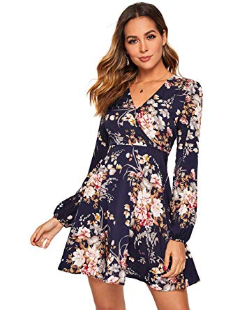 Milumia Women's Long Sleeve Vintage Floral Print Boho Split Wrap Slim Dress