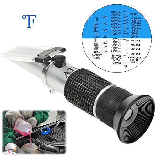 Antifreeze Refractometer Displaying in Fahrenheit for Checking Freezing Point of Automobile Antifreeze Systems and Battery Fluid Condition. Battery Acid, Glycol, Coolant, Antifreeze Tester