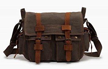 GOOD LIFE Canvas Leather Attachments Strap Vintage School Satchel Shoulder Hobo Travel Bag for Ipad Laptop Messenger (Army Green)
