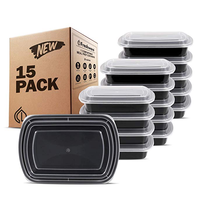 Freshware Meal Prep Containers [15 Pack] 1 Compartment with Lids, Food Storage Bento Box | BPA Free | Stackable | Lunch Boxes, Microwave/Dishwasher/Freezer Safe, Portion Control, 21 day fix (28 oz)