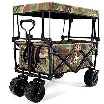 COSTWAY Folding Wagon Trolley Cart with Removable Canopy, Front Pocket, 4 Wheels, Push Pull Handle, Canvas Transport Utility Handcart for Shopping Camping Gardening Sporting Events (Camouflage)