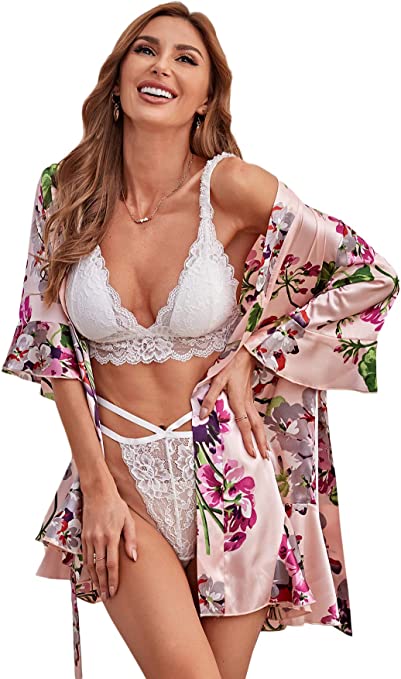 DIDK Women's Lace 3 Piece Satin Robe and Pajama Set with Robe Camisole Sleep Shorts