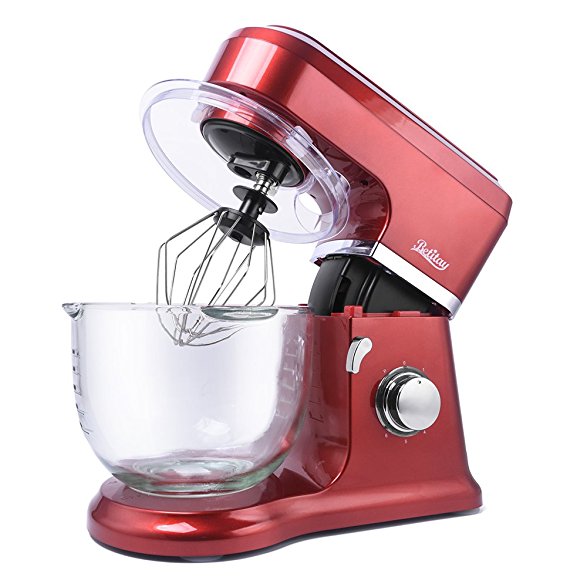 Betitay Stand Mixer 120V-60Hz/1400W, 4.0 QT Bowl, Glass Bowl with Mixing Beater, Egg Whisk, Dough Hook, and Silicone Brush (Red/Glass)