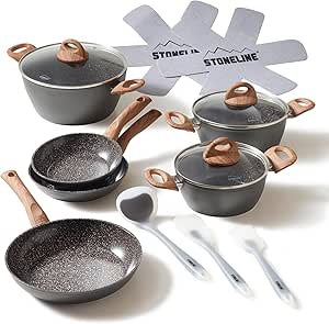 STONELINE Back To Nature Batterie de Cuisine Céramique, Set de 14 pcs, Poêles, Casseroles, Couvercles et Ustensiles de Cuisine, Revêtement Antiadhésif avec de Vraies Particules de Pierre, Motif Bois