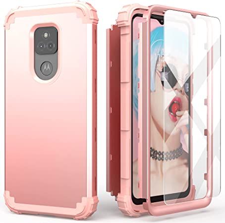 Moto G Play 2021 Case with Tempered Glass Screen Protector,IDweel 3 in 1 Shockproof Slim Hybrid Heavy Duty Protection Hard PC Cover Soft Silicone Rugged Bumper Full Body Case,Rose Gold
