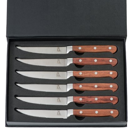 6 Piece Serrated Stainless Steel Steak Knife Gift Box Set with Classic Rose Wood Handle