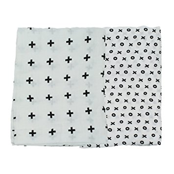Muslin Baby Swaddle Blankets 2 Pack - 47"x47" - Black, White, XO, Cross - Best Soft Unisex for Boys or Girls Perfect for Nursery Sets by KOMIWOO