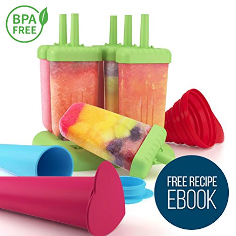 Ultimate Ice Lolly Moulds Set For Kids and Adults with Loading Funnel - Colourful, Non-Sticky, Six-piece BPA Free Ice Lolly Maker PLUS Silicone Popsicle Molds And FREE Recipe eBook