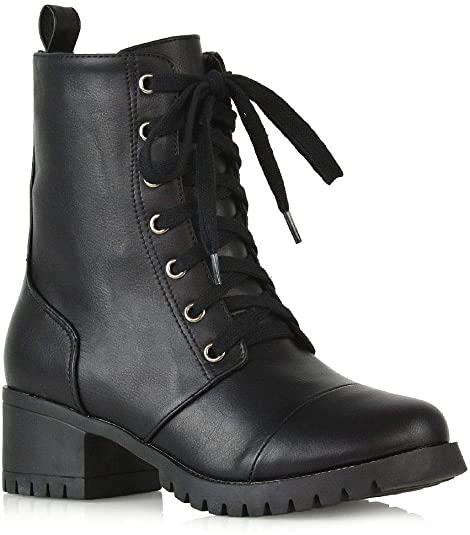 ESSEX GLAM Womens Lace Up Boots Chunky Sole Military Combat Mid Calf Booties