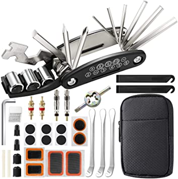 EXPOWER Bike Tool Kit, Puncture Repair Kit, Bike Multi Tool, Mountain Bike Accessories, Cycling Gifts, 16 in 1 Bike Multifunction Tool with Patch Kit & Tire Levers