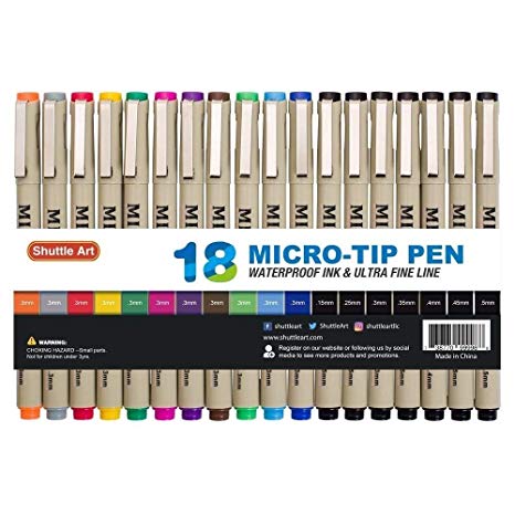 Shuttle Art 18 Pack Ultra Fine Point Tip Micro Line Pens - Waterproof Archival Ink & 11 Colors in 0.3MM Felt Tip - 7 Blacks in Tip Sizes 0.15MM to 0.5MM For Journaling Technical Illustrating Drawing