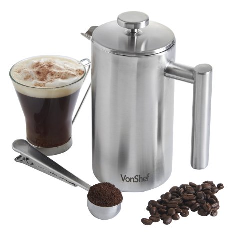 VonShef Double-Wall Keep Warm Satin Brushed Stainless Steel French Press Cafetiere Coffee Filter6 Cup w Measuring Spoon and Sealing Clip Available in sizes 3 6 and 8 Cup