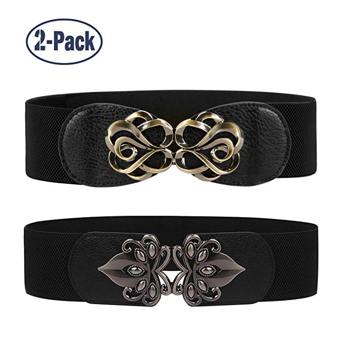 2 Pack Vintage Women Wide Elastic Belt Retro Metal Buckle Waist Cinch Belt By XZQTIVE