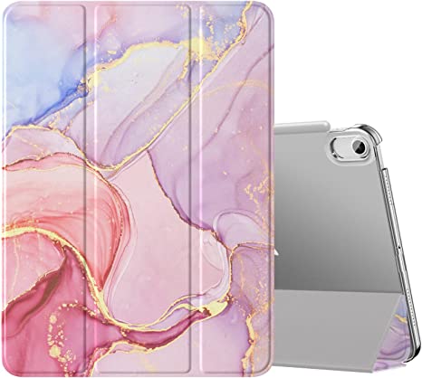 MoKo Case for iPad Air 5th Generation 2022/ iPad Air 4th Generation 2020 10.9 Inch, Trifold Stand Cover Hard PC Back, Support Touch ID iPad Pencil 2nd Charging, Auto Wake/Sleep,Light Pink Gold Marble