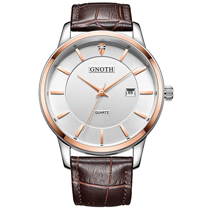GNOTH Casual Fashion Date Less Weight Wrist Watch for Men with Brown Leather Strap