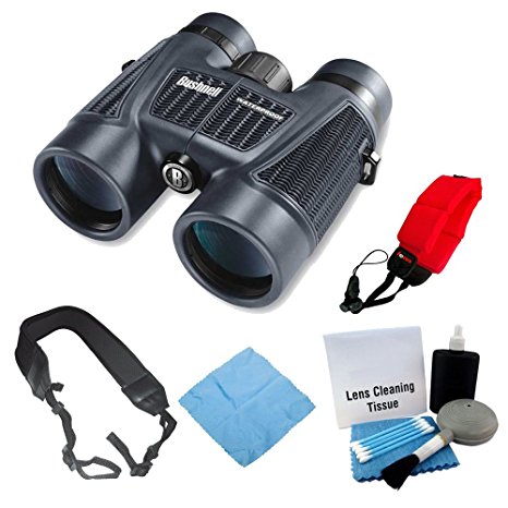 Bushnell 150142 H20 Waterproof 10X42 Black Binoculars RP BAK-4 WP/FP Twist Up Eyecups   Zeikos Wide Strap   Accessory Kit