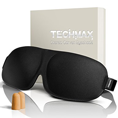 TECHMAX Sleep Mask, Soft Memory Foam Eye Masks, Adjustable Straps 3D Sleeping Mask with Free Ear Plugs, Perfect for Travel, Shift Work and Meditation - Black