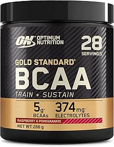 Optimum Nutrition Gold Standard BCAA Train   Sustain, poudre d'acides aminés pré-entraînement, boisson sportive, vitamine C, zinc, magnésium et électrolytes, sav. framboise & grenade, 28 doses, 266 g