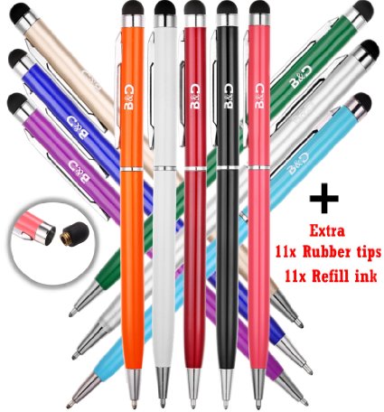 Bargains Depot 11PCs [2 in 1 Slim Series] 5.5"L Twist Pen Stylus With Bonus 11x Replacement Tips,11x Refill Ink (Black, Silver, Gold, White, Dark Blue, Light Blue, Red, Pink, Purple, Green,Orange)