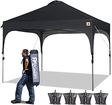 ABCCANOPY Pop up Canopy Beach Canopy 10'x10' Bonus Backpack Carry Bag 4 Weight Bags 4 x Sandbags, 4 x Ropes&4 x Stakes,Black