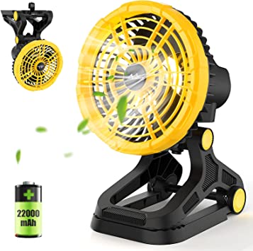 MoKo Camping Fan with Light, 22000 mAh Rechargeable Fan Portable, Run Up to 72H Battery Powered Fan, 360° Auto Rotate Battery Operated Fan, Personal Desk Fan for Tent, Picnic, Fishing, Travel