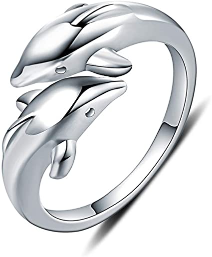 Double Dolphins Ring 925 Sterling Silver Adjustable Open Wrap Thumb Finger Band Promise Rings for Women Teen Girls